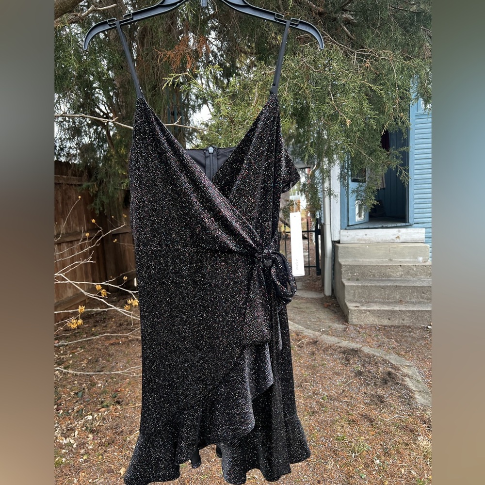 Aqua black LBD glitter wrap prom homecoming cocktail dress M Bloomingdale’s